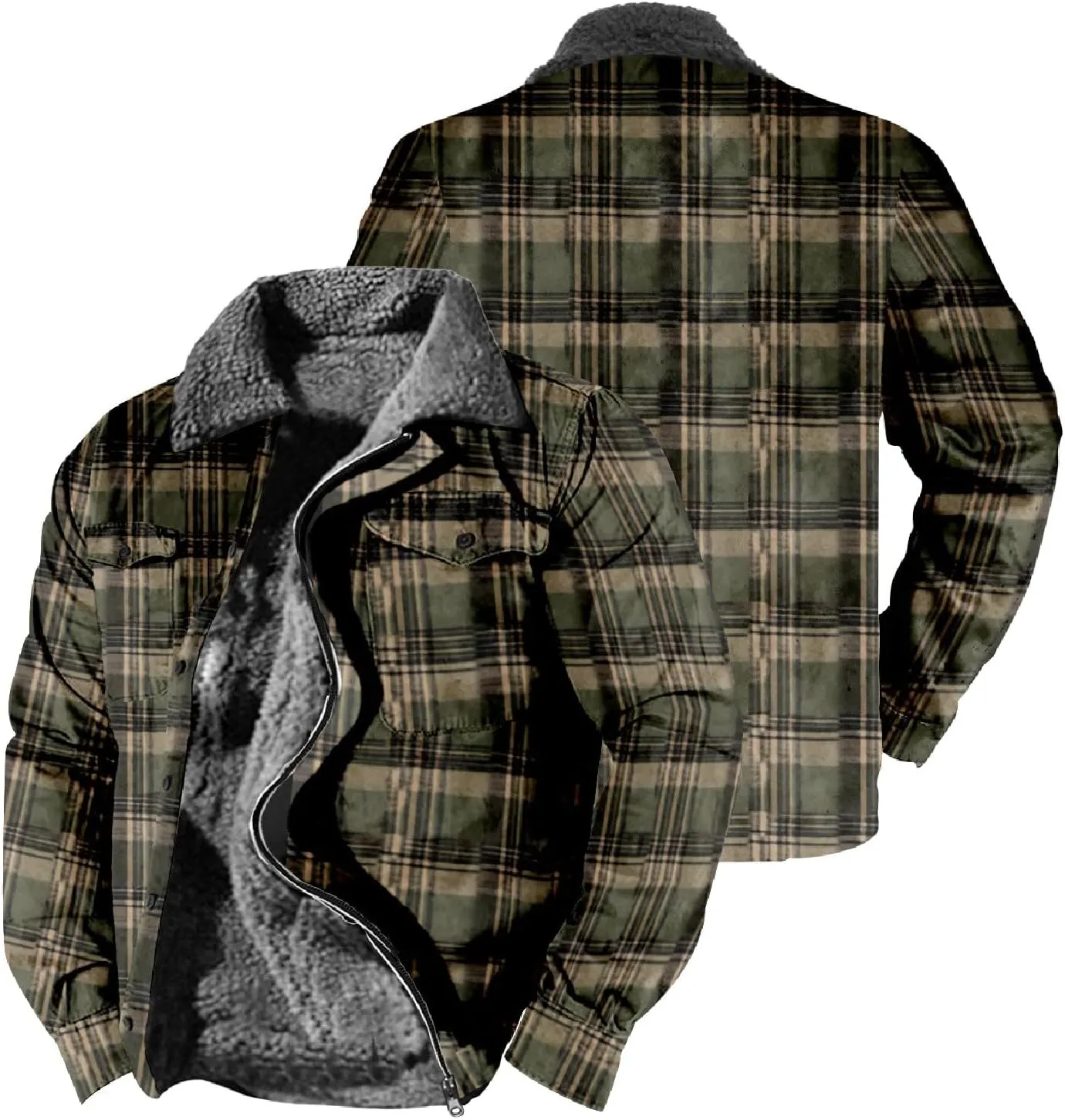 Men's Hooded Shirt Jacket Plaid Pocket Hooded Loose Coat Plus Velvet Shirt Top with Hood for Men Fleece Lined