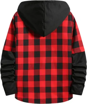 Men's Hooded Shirt Jacket Plaid Pocket Hooded Loose Coat Plus Velvet Shirt Top with Hood for Men Fleece Lined