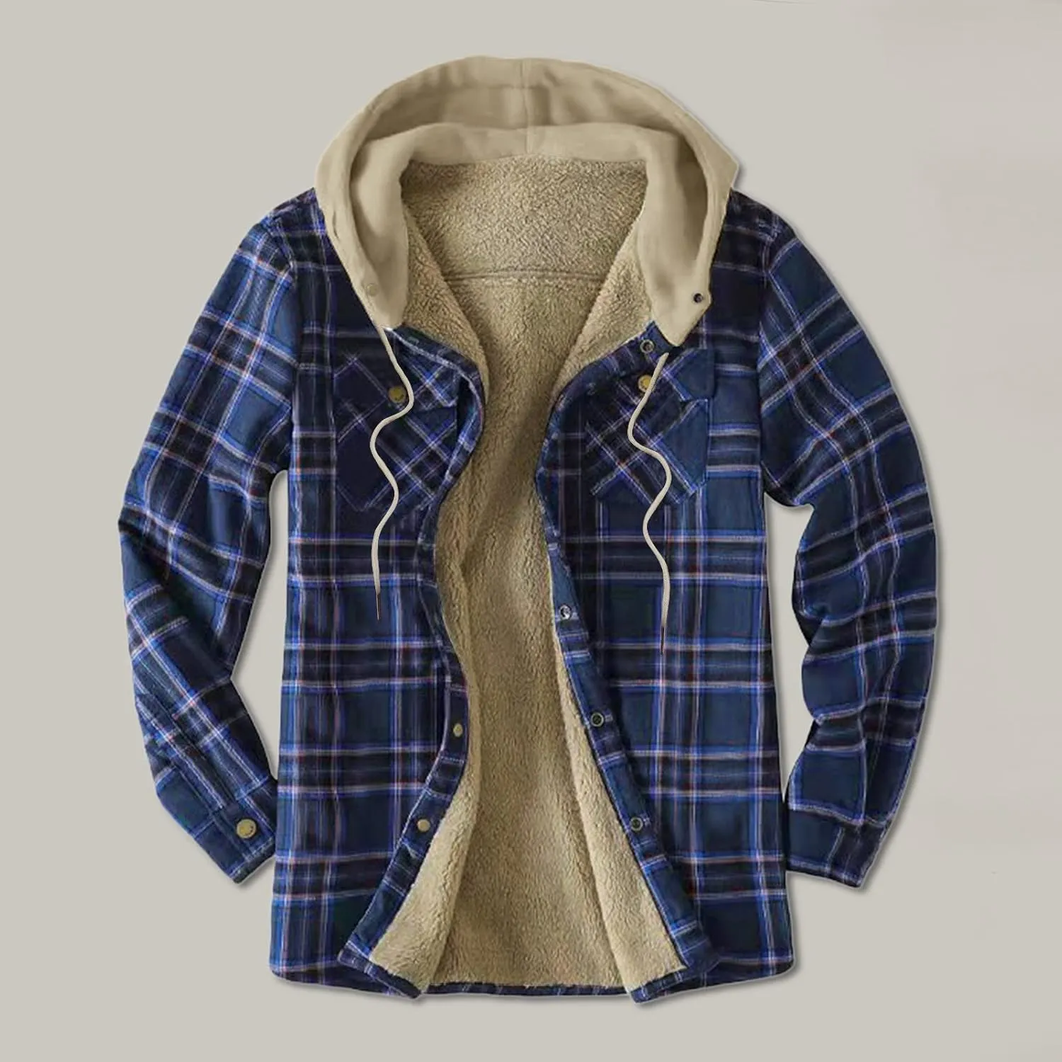 Men's Hooded Shirt Jacket Plaid Pocket Hooded Loose Coat Plus Velvet Shirt Top with Hood for Men Fleece Lined