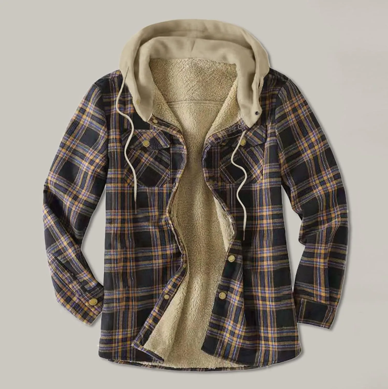 Men's Hooded Shirt Jacket Plaid Pocket Hooded Loose Coat Plus Velvet Shirt Top with Hood for Men Fleece Lined