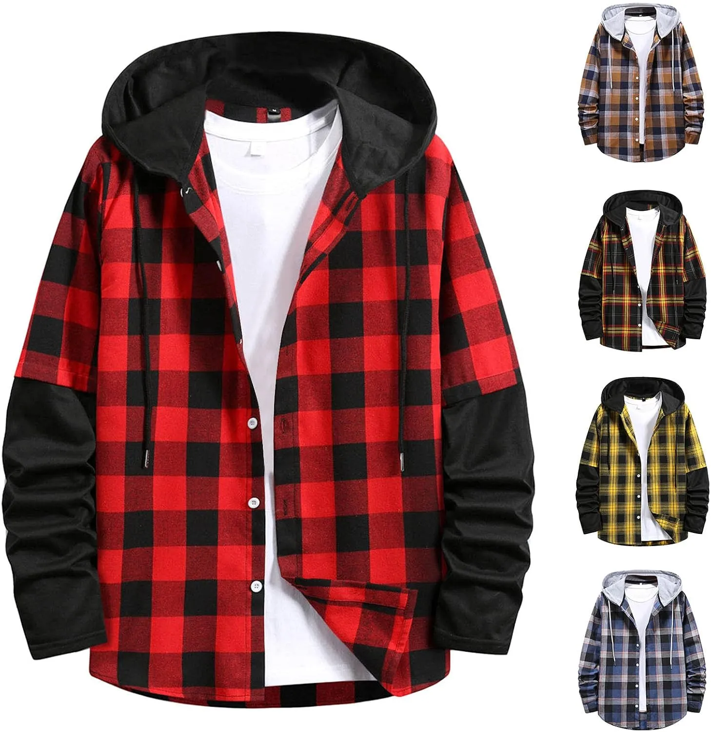 Men's Hooded Shirt Jacket Plaid Pocket Hooded Loose Coat Plus Velvet Shirt Top with Hood for Men Fleece Lined