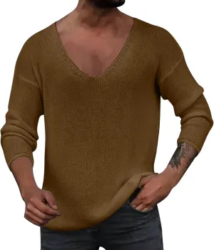 Mens Knit Long Sleeve Sweater Deep V Neck Solid Color Pullover Top Sweater Classic Raglan Sweatshirt Versatile Jacket