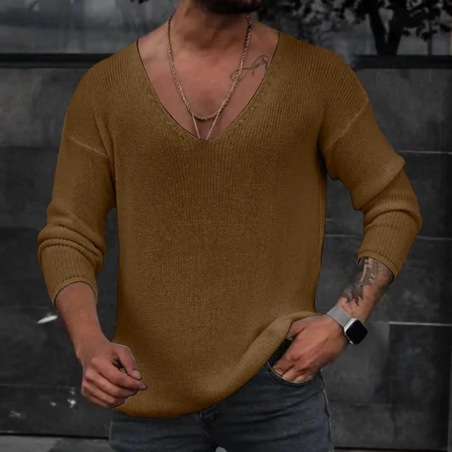 Mens Knit Long Sleeve Sweater Deep V Neck Solid Color Pullover Top Sweater Classic Raglan Sweatshirt Versatile Jacket
