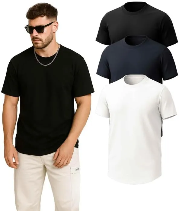 Men’s Loose Fit Cotton T-Shirts 3 Pack, Oversized Curved Bottom Crew Neck Short Sleeve Casual Mens T Shirt for Gym