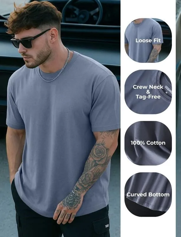 Men’s Loose Fit Cotton T-Shirts 3 Pack, Oversized Curved Bottom Crew Neck Short Sleeve Casual Mens T Shirt for Gym