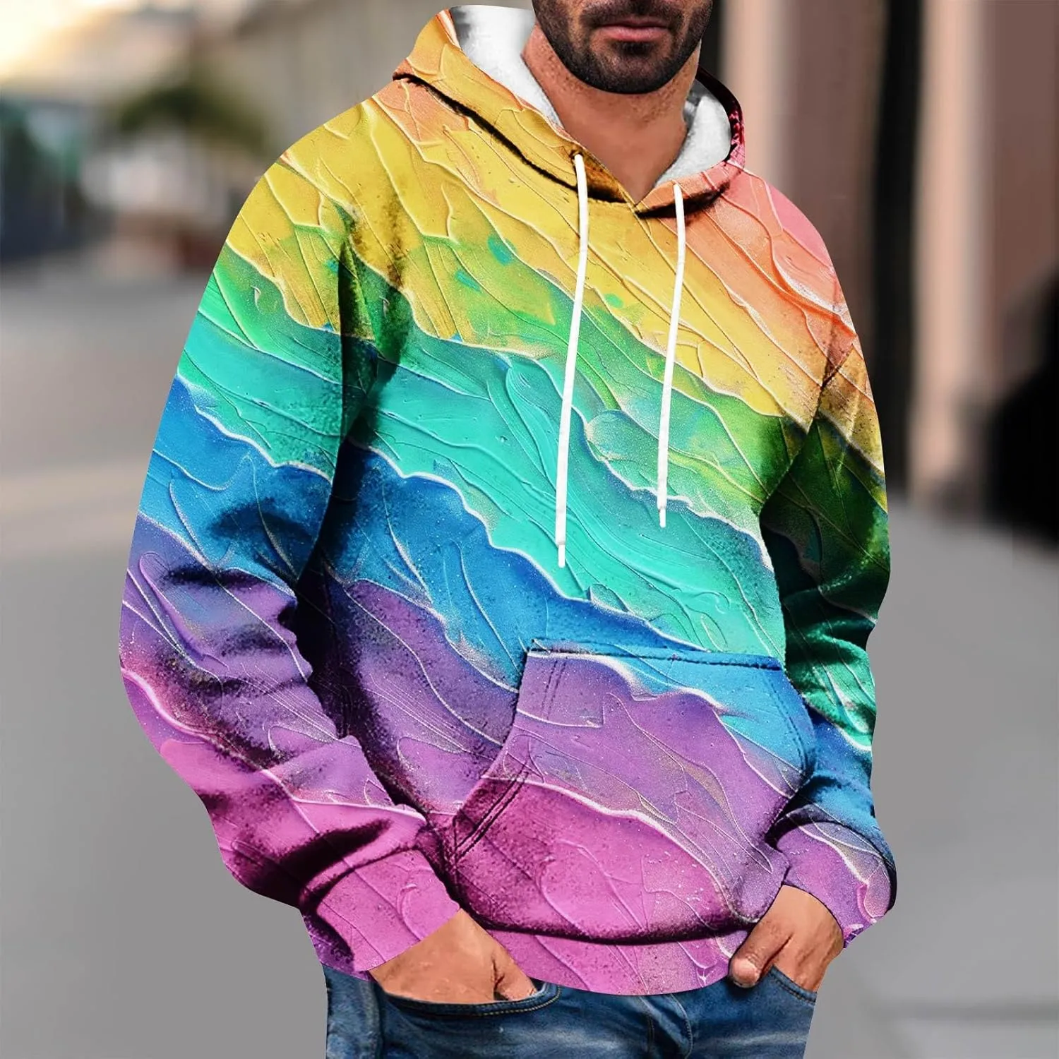 Men's Loose Long Sleeve Hoodies Sweatshirt Gradient Printed Hooded Sweatshirts Pocket Fall Winter Warm Pullover Tops