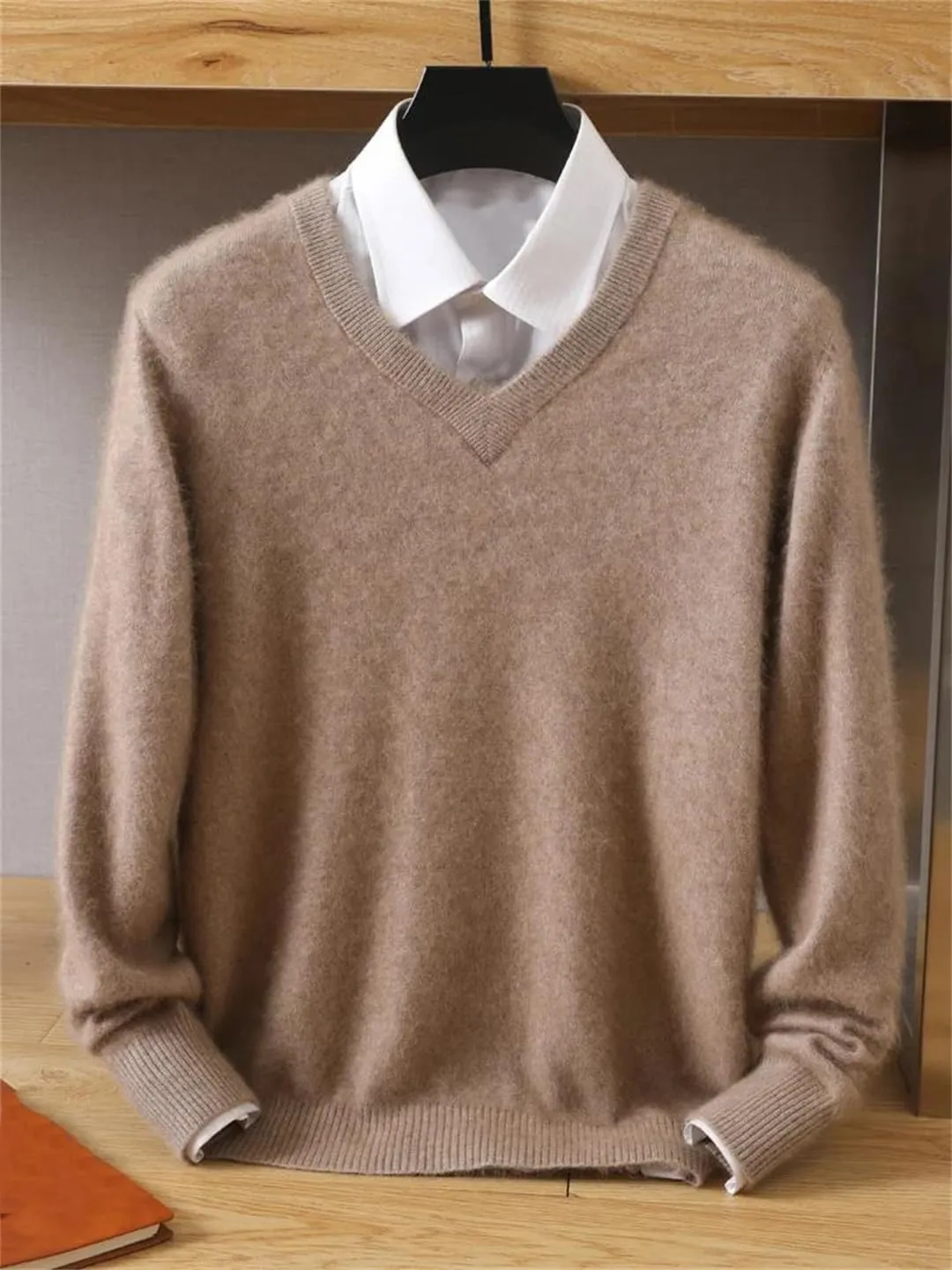 Men's Mink Cashmere Sweater Knit Large Size Winter Long Sleeve V-Neck Pullovers