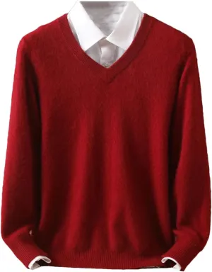 Men's Mink Cashmere Sweater Knit Large Size Winter Long Sleeve V-Neck Pullovers