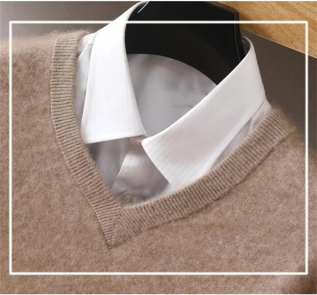 Men's Mink Cashmere Sweater Knit Large Size Winter Long Sleeve V-Neck Pullovers