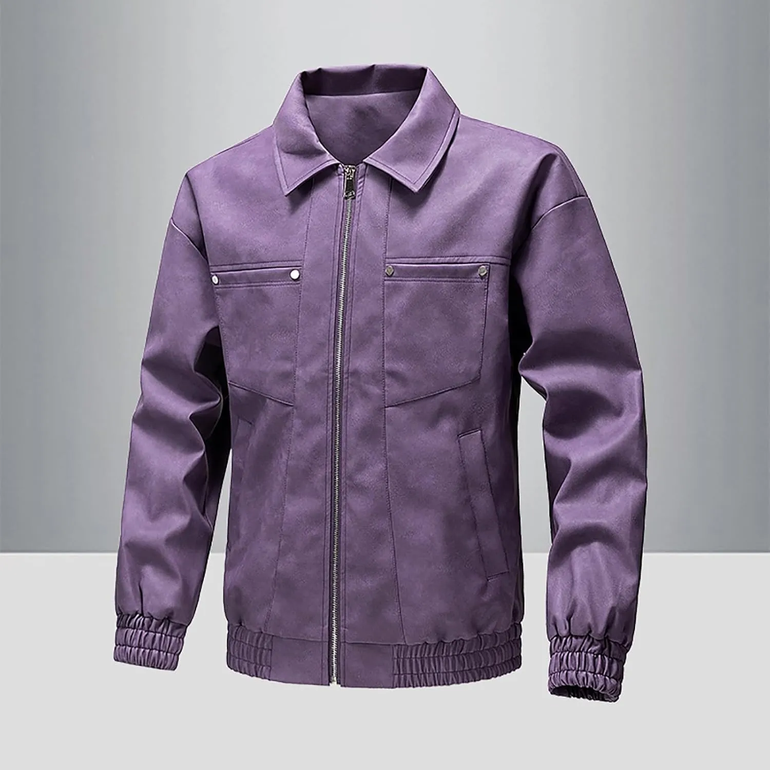 Men's PU Leather Classic Zip Up Jacket Motorcycle Vintage Racing Varsity Jacket Vintage Trucker Coat with 4 Pockets