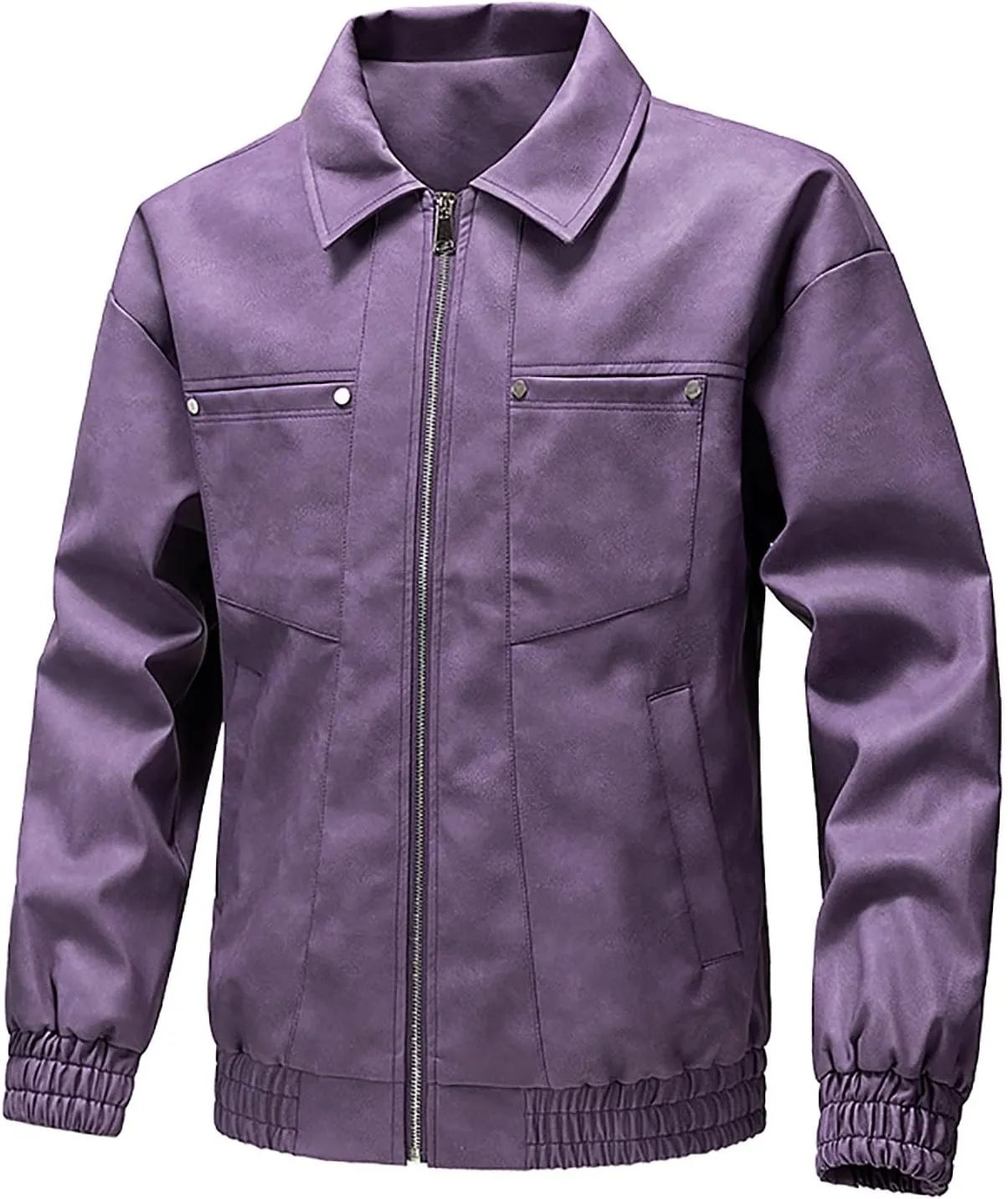 Men's PU Leather Classic Zip Up Jacket Motorcycle Vintage Racing Varsity Jacket Vintage Trucker Coat with 4 Pockets