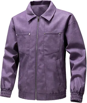 Men's PU Leather Classic Zip Up Jacket Motorcycle Vintage Racing Varsity Jacket Vintage Trucker Coat with 4 Pockets