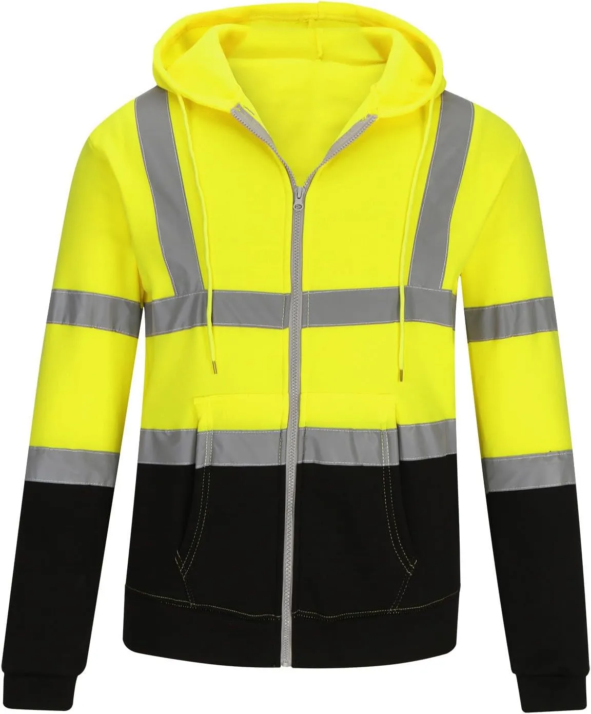 Mens Safety Fleece Hoodie Jacket High Visibility Full Zip Sweatshirt Reflective Work Utility Hooded Tops with Pocket