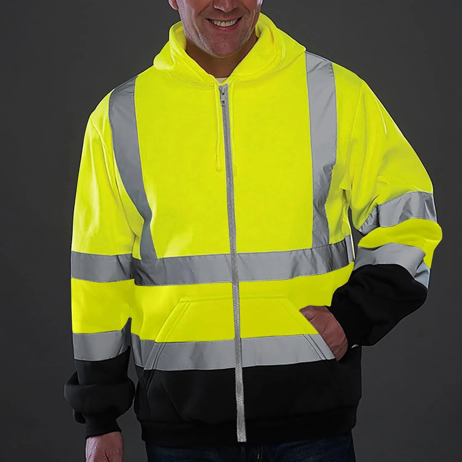 Mens Safety Fleece Hoodie Jacket High Visibility Full Zip Sweatshirt Reflective Work Utility Hooded Tops with Pocket