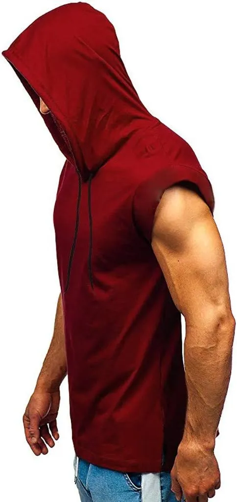 Men's Sleeveless Hoodie Shirts with Face Mask Turtleneck Compression Tank Tops Workout Gym Running Base Layer Sportswear