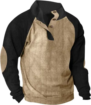 Mens Stylish Corduroy Sweatshirts Casual Sports Stand Collar Button Fall Tops Patchwork Long Sleeve Pullover Sweatshirt