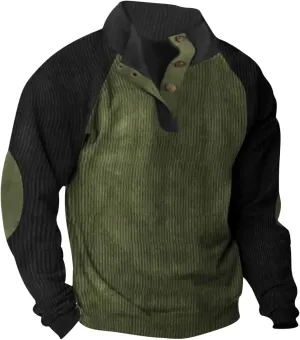 Mens Stylish Corduroy Sweatshirts Casual Sports Stand Collar Button Fall Tops Patchwork Long Sleeve Pullover Sweatshirt