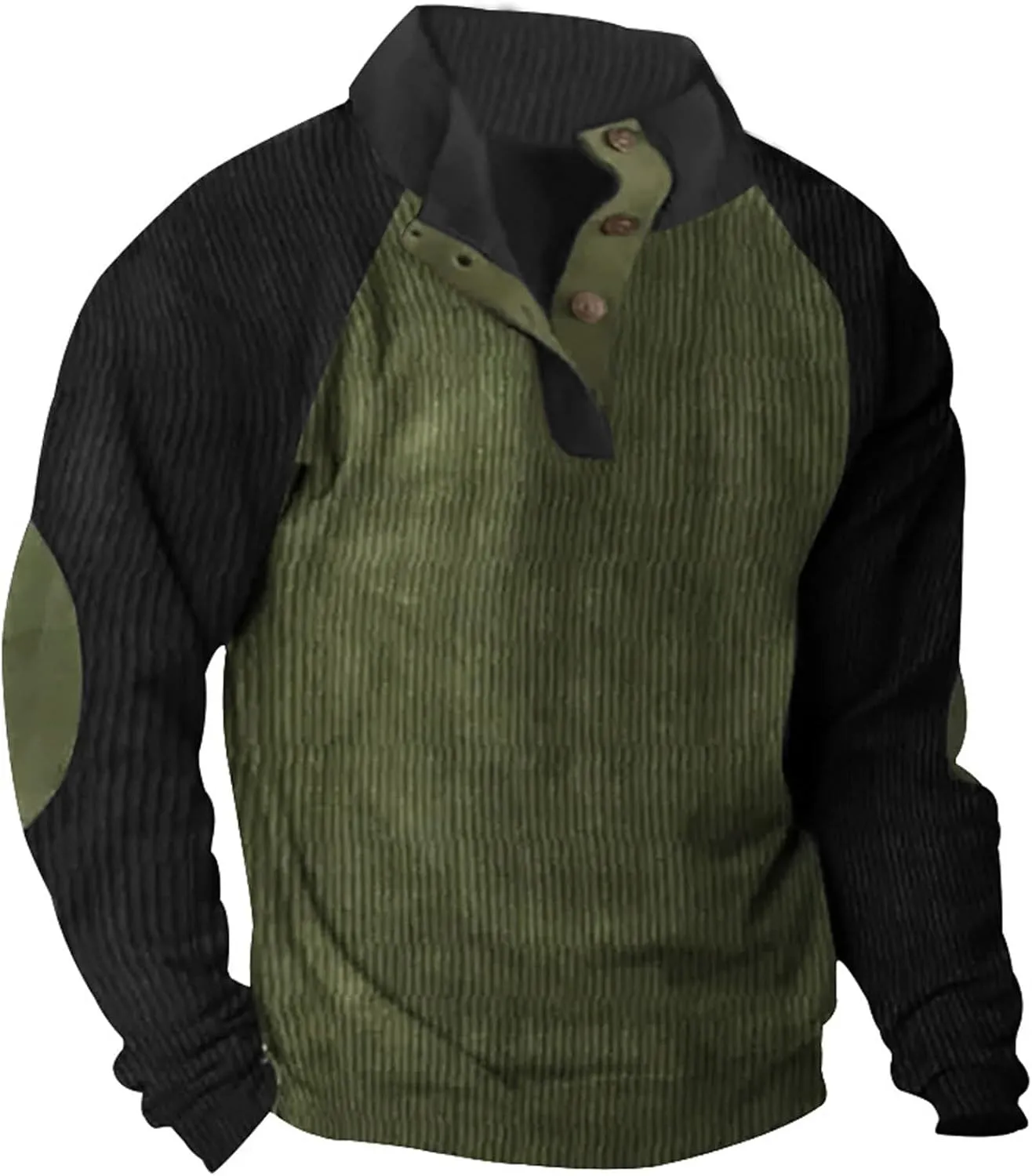 Mens Stylish Corduroy Sweatshirts Casual Sports Stand Collar Button Fall Tops Patchwork Long Sleeve Pullover Sweatshirt