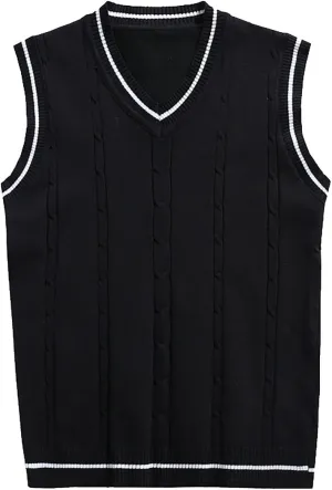 Men's Sweater Vest V Neck Slim Fit Sleeveless Knitted Sweater Striped Cable Casual Pullover Autumn Winter Tops
