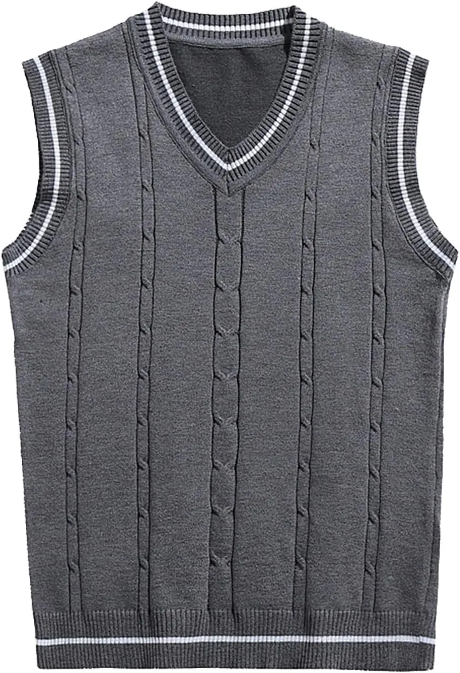 Men's Sweater Vest V Neck Slim Fit Sleeveless Knitted Sweater Striped Cable Casual Pullover Autumn Winter Tops