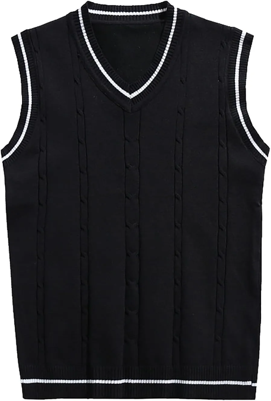 Men's Sweater Vest V Neck Slim Fit Sleeveless Knitted Sweater Striped Cable Casual Pullover Autumn Winter Tops