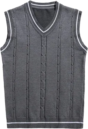 Men's Sweater Vest V Neck Slim Fit Sleeveless Knitted Sweater Striped Cable Casual Pullover Autumn Winter Tops