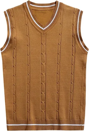 Men's Sweater Vest V Neck Slim Fit Sleeveless Knitted Sweater Striped Cable Casual Pullover Autumn Winter Tops
