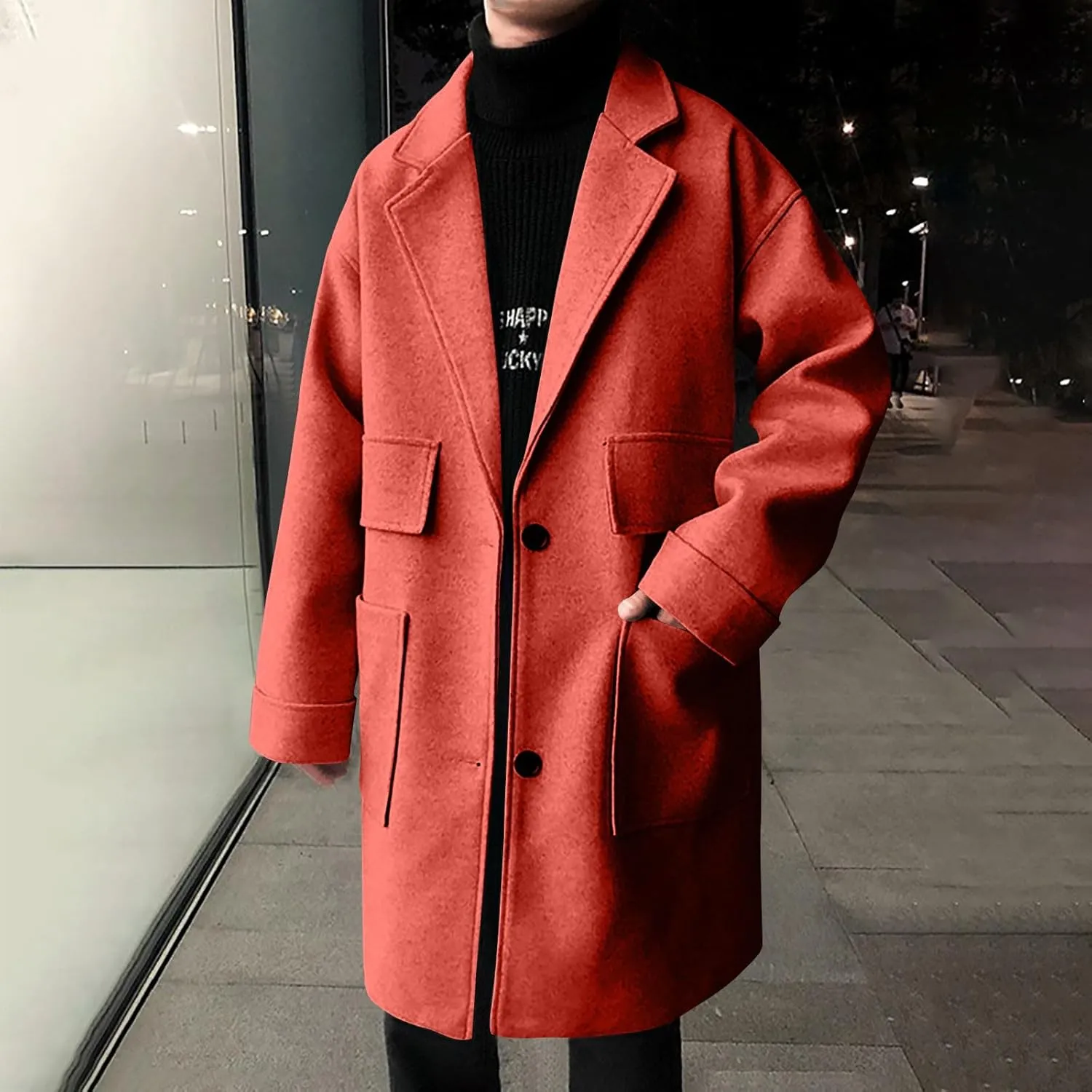Mens Trench Coat Classic Notch Lapel Single Breasted Wool Blend Overcoat Winter Thermal Long Jacket with Pockets