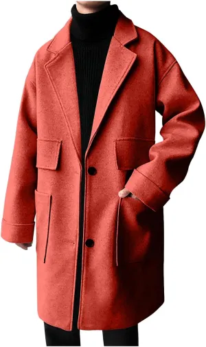 Mens Trench Coat Classic Notch Lapel Single Breasted Wool Blend Overcoat Winter Thermal Long Jacket with Pockets