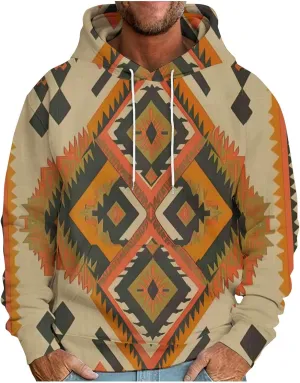 Men's Vintage Western Hoodies Aztec Ethnic Printed Tops Long Sleeve Tribal Ethnic Print Hooded Sweatshirts