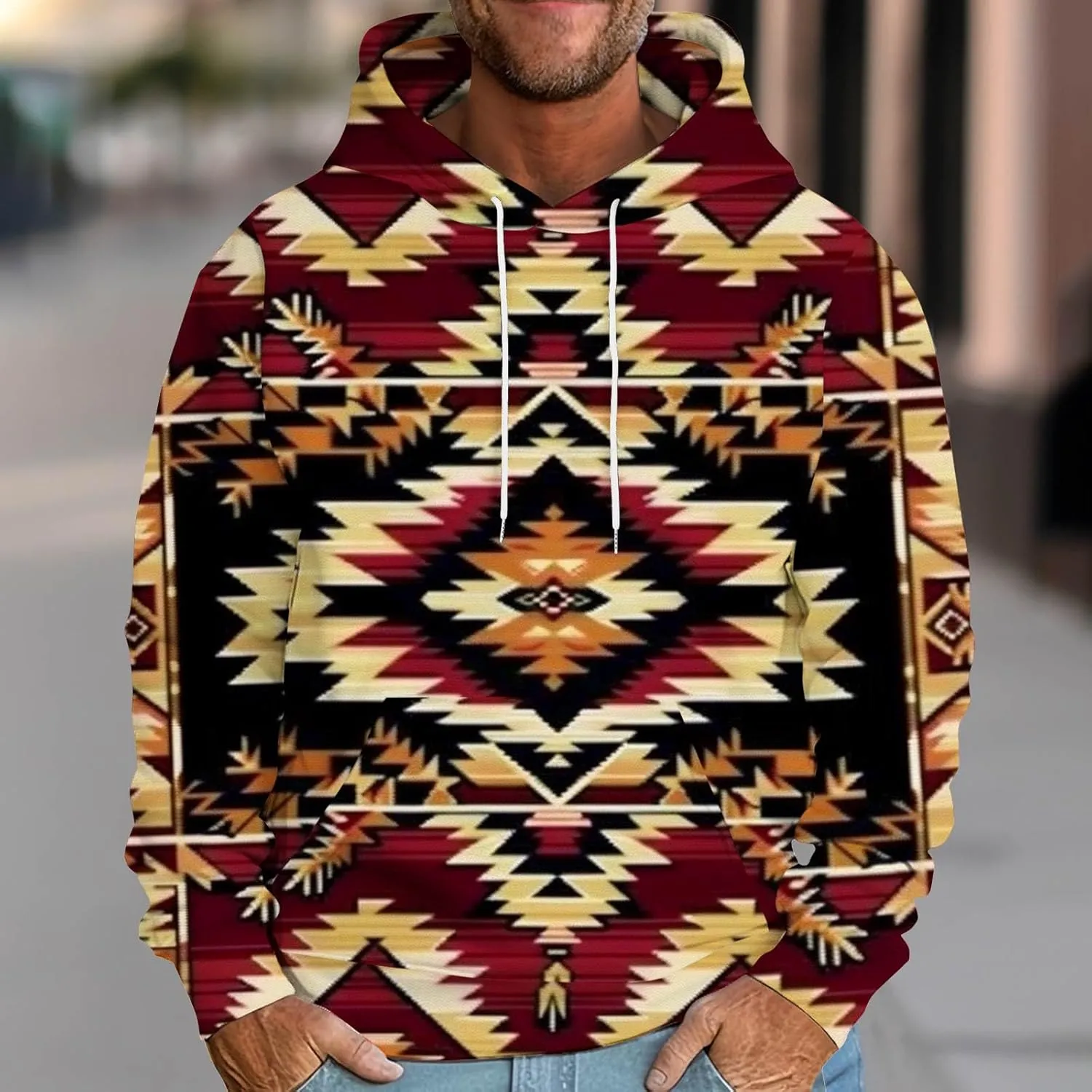 Men's Vintage Western Hoodies Aztec Ethnic Printed Tops Long Sleeve Tribal Ethnic Print Hooded Sweatshirts