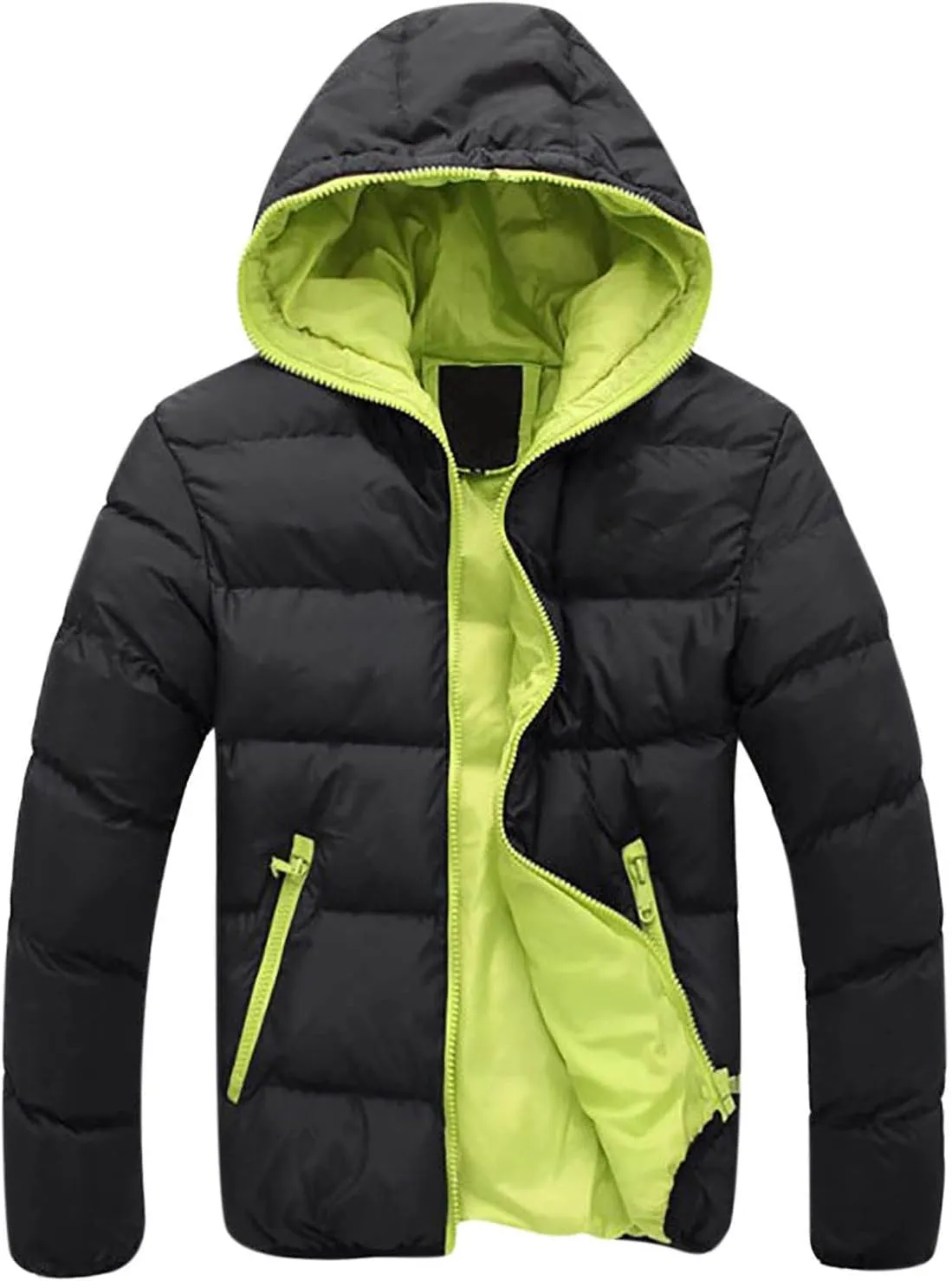 Mens Winter Jackets Contrast Hooded Overcoat Warm Outdoor Cotton Pad Jacket Full Zip Coats Long Sleeve Outerwear