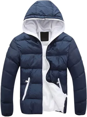 Mens Winter Jackets Contrast Hooded Overcoat Warm Outdoor Cotton Pad Jacket Full Zip Coats Long Sleeve Outerwear