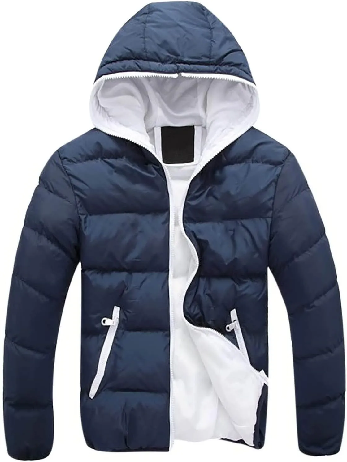 Mens Winter Jackets Contrast Hooded Overcoat Warm Outdoor Cotton Pad Jacket Full Zip Coats Long Sleeve Outerwear