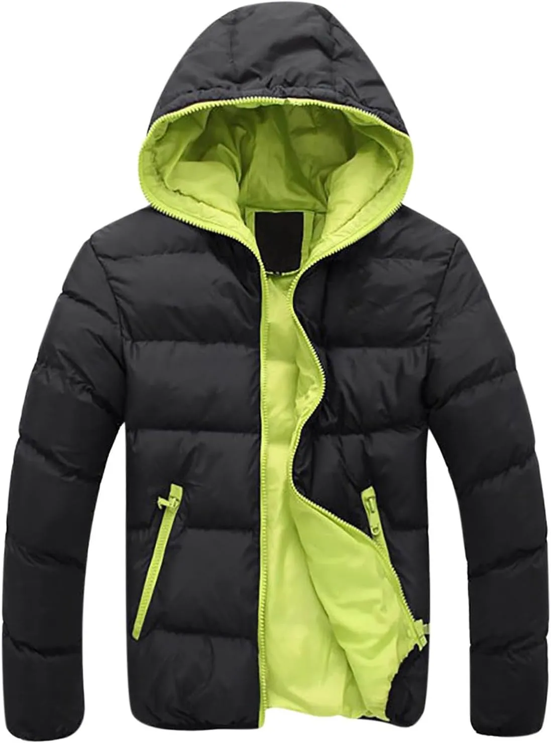 Mens Winter Jackets Contrast Hooded Overcoat Warm Outdoor Cotton Pad Jacket Full Zip Coats Long Sleeve Outerwear