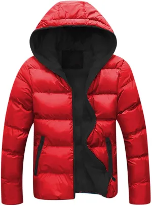 Mens Winter Jackets Contrast Hooded Overcoat Warm Outdoor Cotton Pad Jacket Full Zip Coats Long Sleeve Outerwear