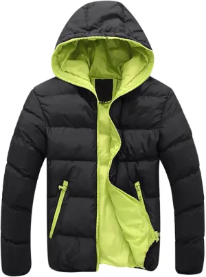 Mens Winter Jackets Contrast Hooded Overcoat Warm Outdoor Cotton Pad Jacket Full Zip Coats Long Sleeve Outerwear