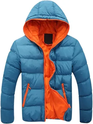 Mens Winter Jackets Contrast Hooded Overcoat Warm Outdoor Cotton Pad Jacket Full Zip Coats Long Sleeve Outerwear