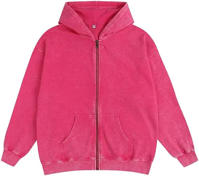 Men's Zip-Up Hoodies Solid Hip-Hop Y2K Oversize Wash Old Craft Basic Hoodies Heavyweight Casual Fit Sweatshirt