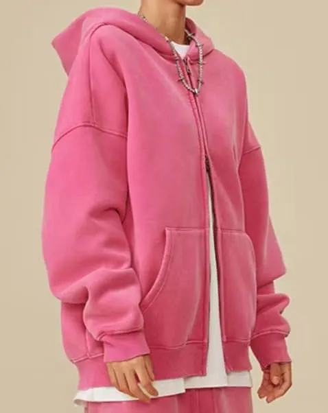 Men's Zip-Up Hoodies Solid Hip-Hop Y2K Oversize Wash Old Craft Basic Hoodies Heavyweight Casual Fit Sweatshirt