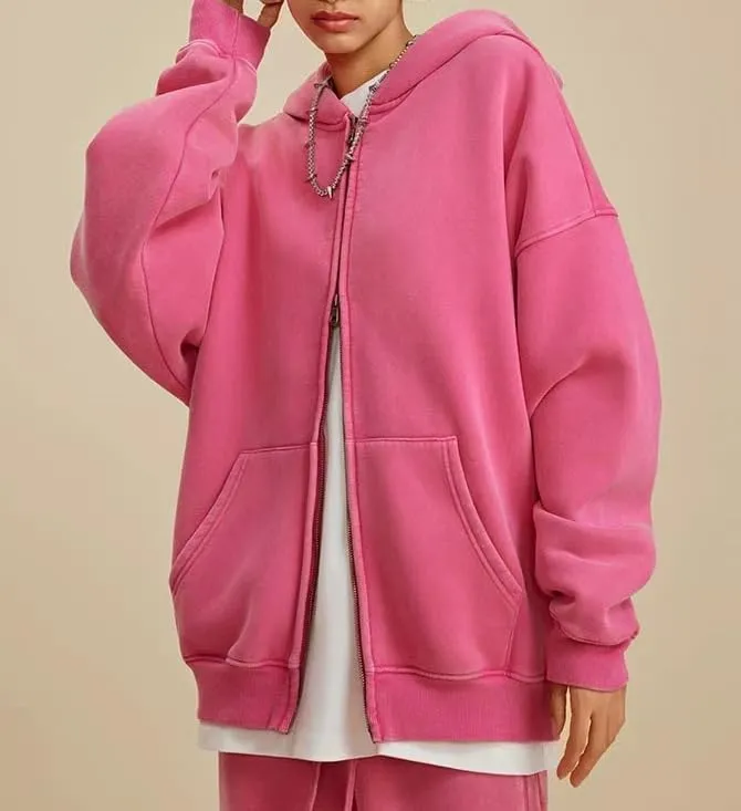 Men's Zip-Up Hoodies Solid Hip-Hop Y2K Oversize Wash Old Craft Basic Hoodies Heavyweight Casual Fit Sweatshirt