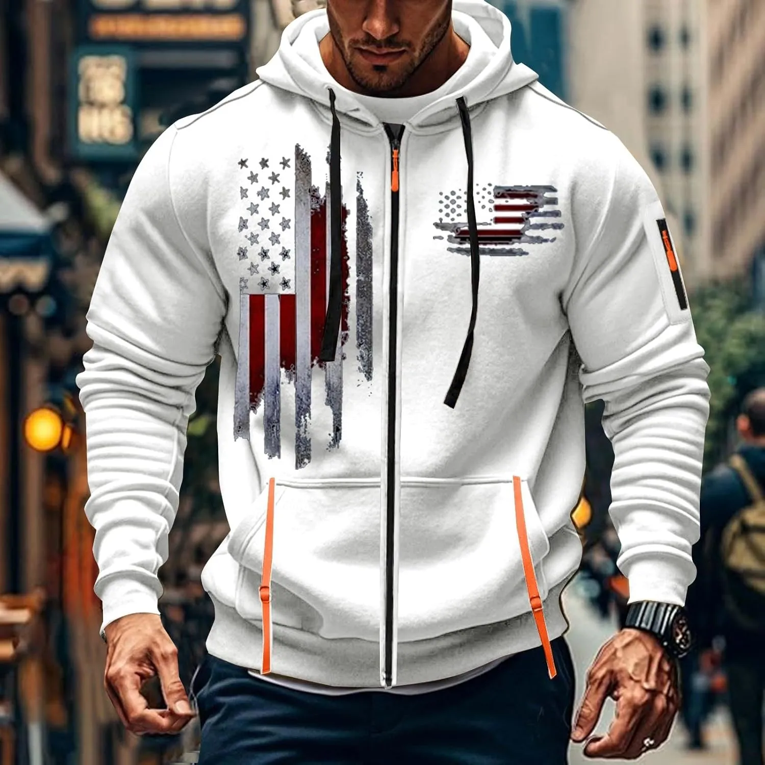 Mens Zip Up USA Flag Print Hoodies Casual Long Sleeve Drawstring Shirts Comfort Patriotic Sweatshirt with Pockets