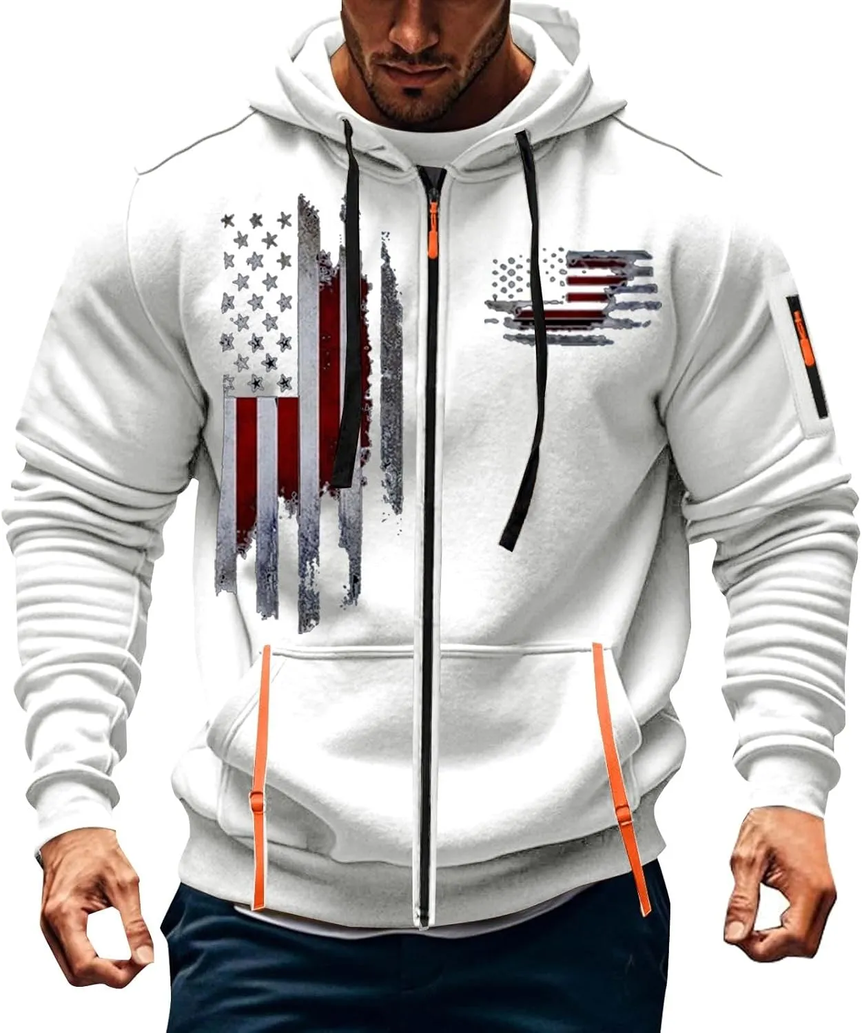 Mens Zip Up USA Flag Print Hoodies Casual Long Sleeve Drawstring Shirts Comfort Patriotic Sweatshirt with Pockets