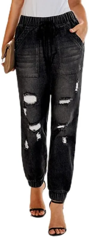 Meufam Womens Patchwork Ripped Raw Hem Jeans Distressed Stretch Skinny Boyfriend Denim Jeans with Hole