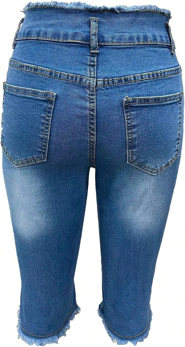 midelxp Capri Jeans for Women Stretch Low Rise Ripped Jeans with Pockets Sexy Skinny Distressed Denim Capris Y2k Crop Pants