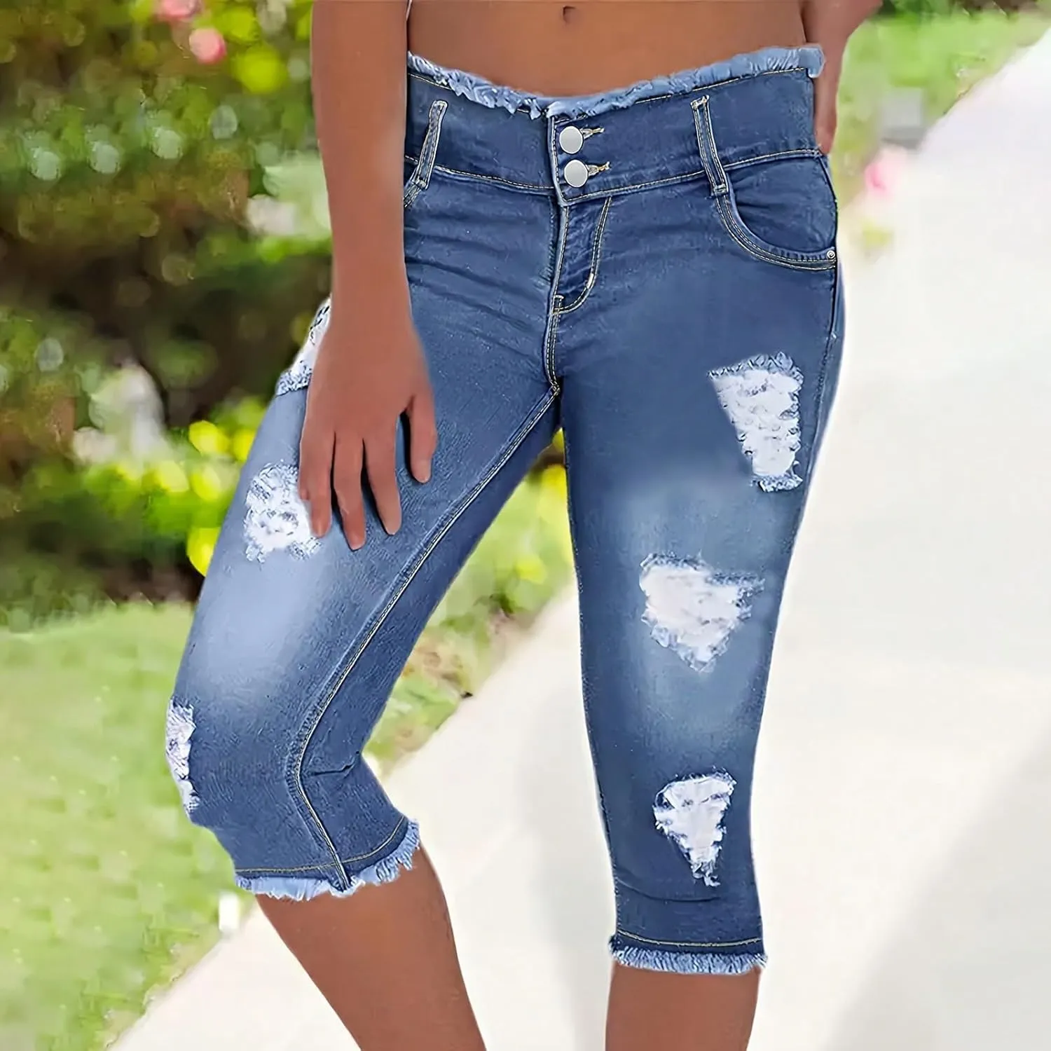 midelxp Capri Jeans for Women Stretch Low Rise Ripped Jeans with Pockets Sexy Skinny Distressed Denim Capris Y2k Crop Pants