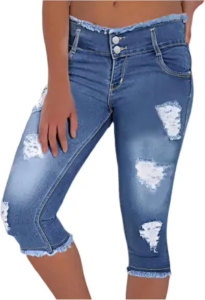 midelxp Capri Jeans for Women Stretch Low Rise Ripped Jeans with Pockets Sexy Skinny Distressed Denim Capris Y2k Crop Pants