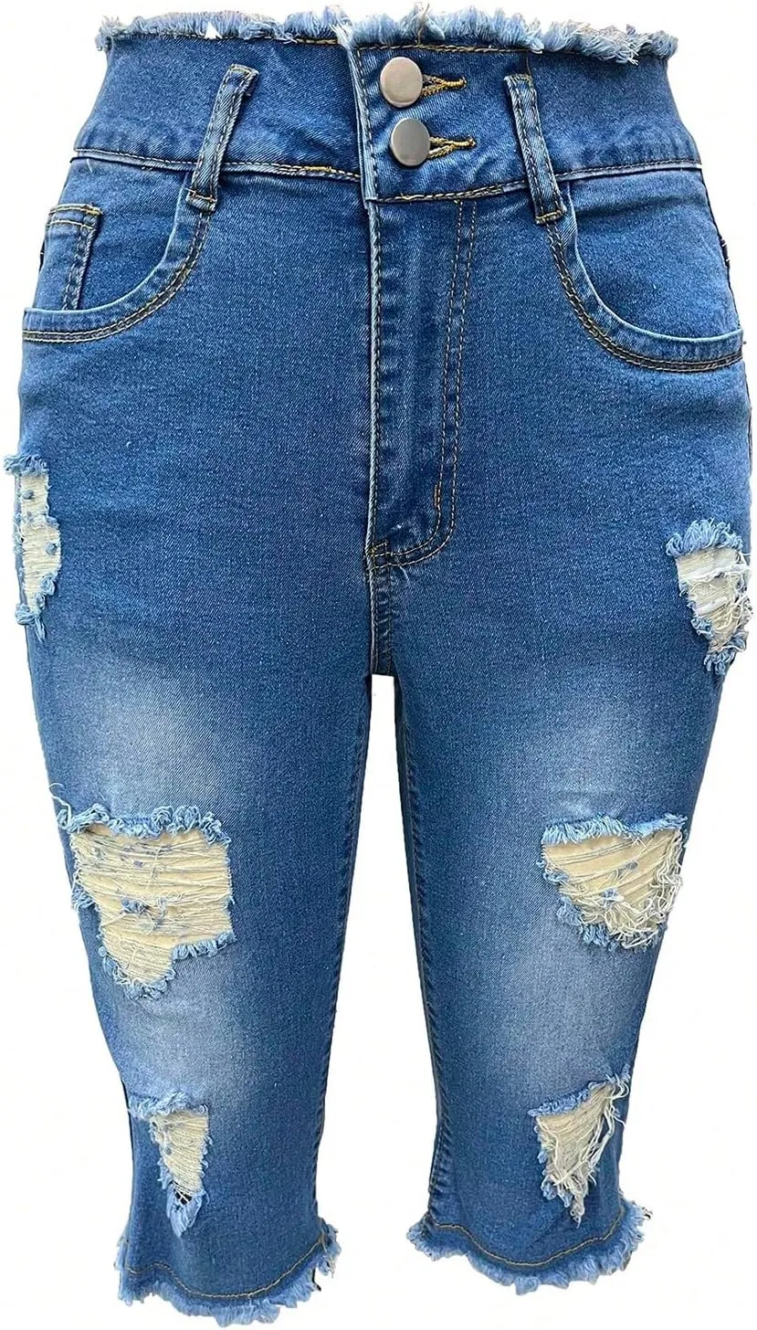 midelxp Capri Jeans for Women Stretch Low Rise Ripped Jeans with Pockets Sexy Skinny Distressed Denim Capris Y2k Crop Pants