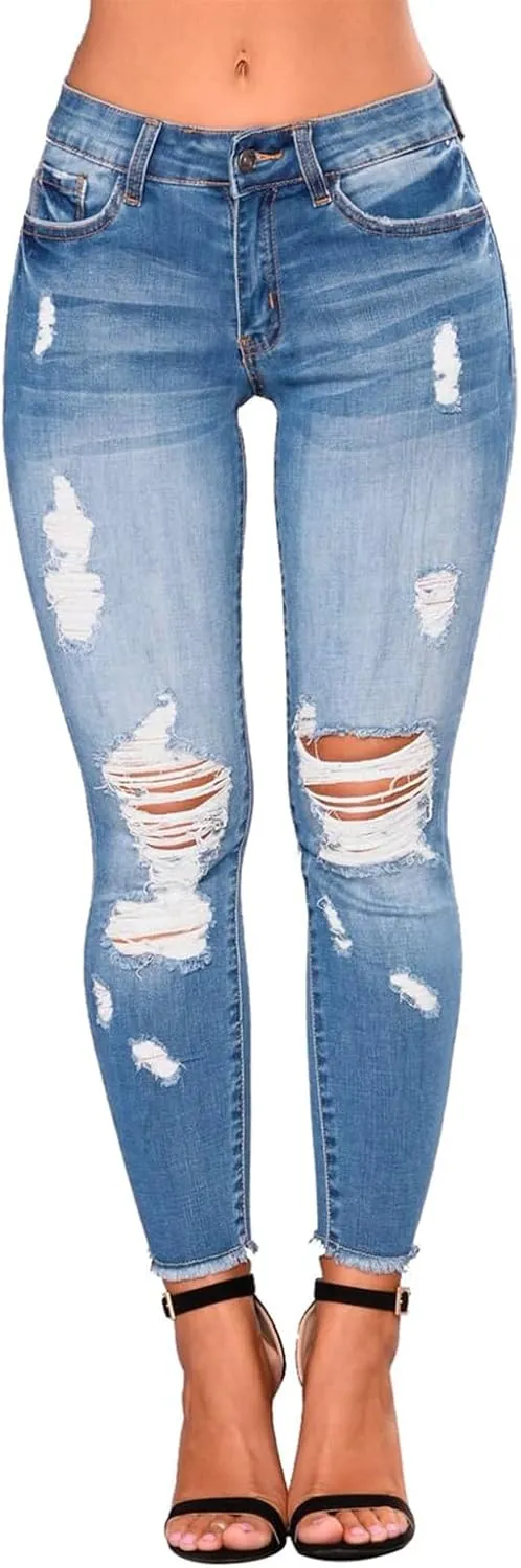 midelxp Ripped Jeans Womens Stretchy Skinny Low Rise Jeans Distressed Boyfriend Denim Pants Ripped Leggings with Pockets