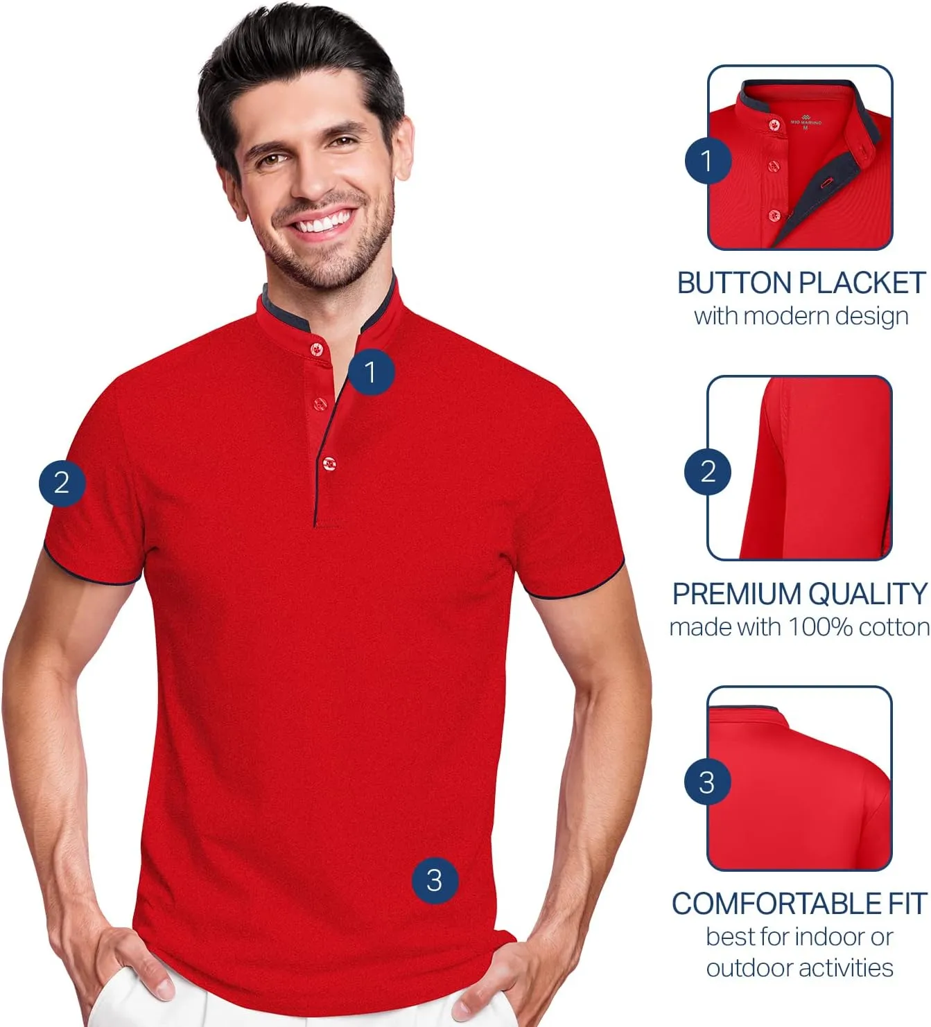 Mio Marino French Collar Henley Polo Shirt for Men – Lightweight - Moisture Wicking – Breathable Fabric